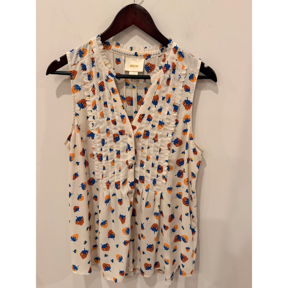 Maeve Anthropologie Strawberry Print Ruffle Pleated Sleeveless Blouse White 12